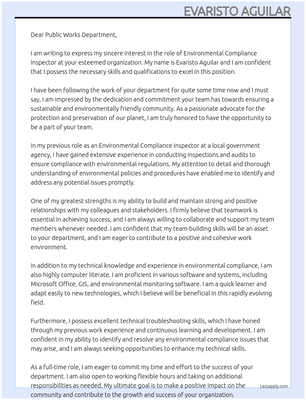 ENVIRONMENTAL COMPLIANCE INSPECTOR At Public Works Department Cover Letter