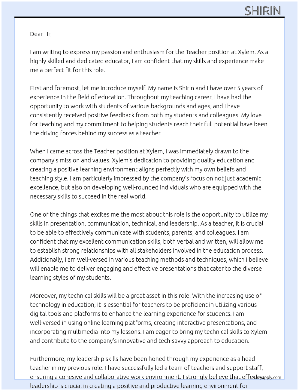 Teacher  At Xylem  Cover Letter