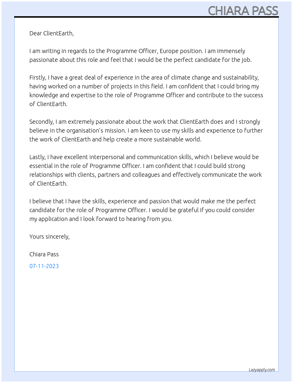Programme Officer, Europe  At ClientEarth Cover Letter