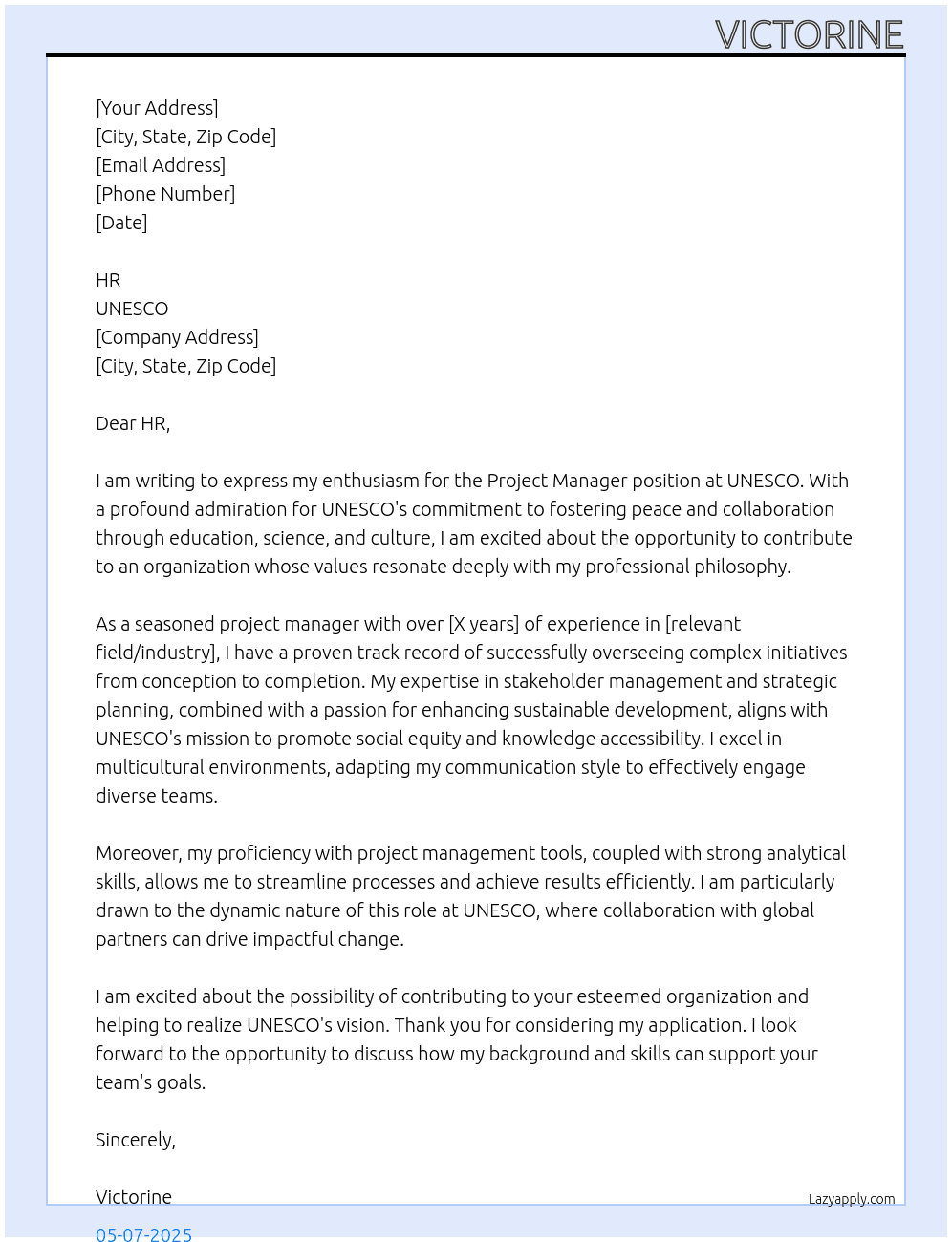 PROJECT MANAGER  At UNESCO Cover Letter
