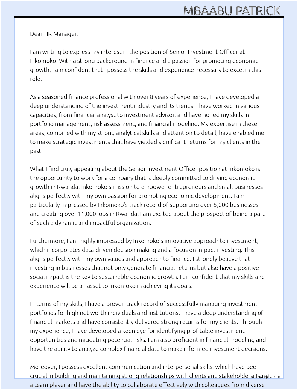 Senior investment officer  At Inkomoko Cover Letter