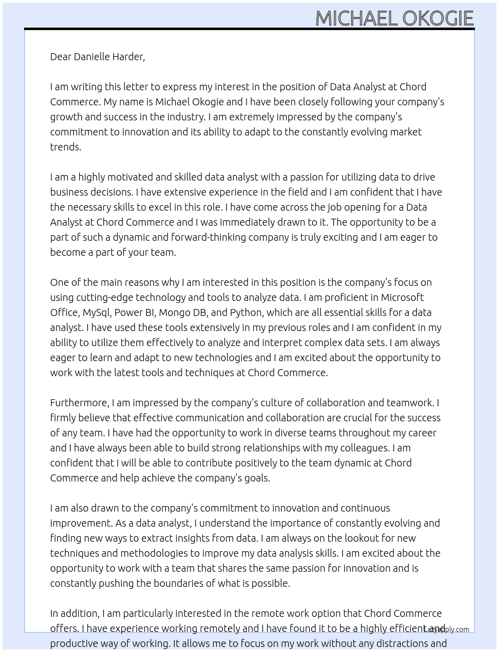 Data Analyst At Chord Commerce Cover Letter