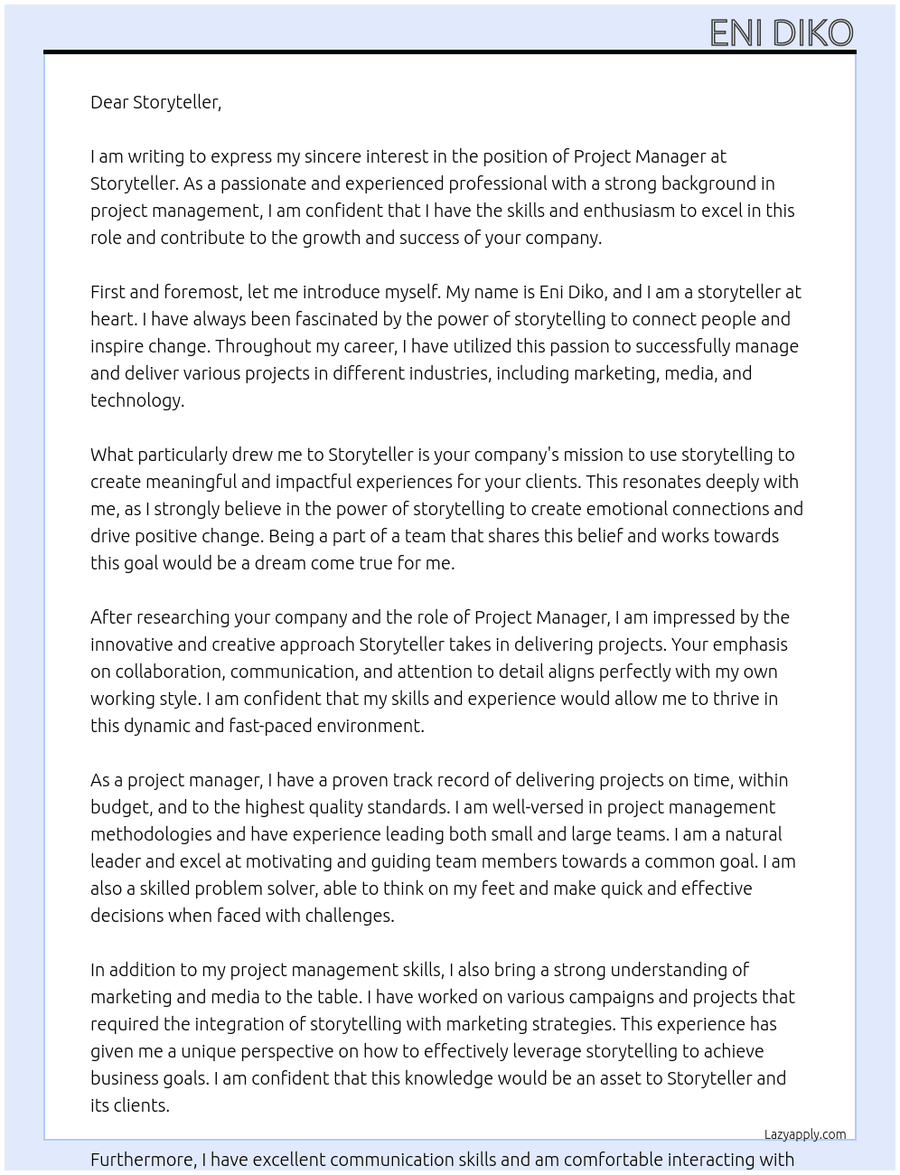 Project Manager At Storyteller Cover Letter