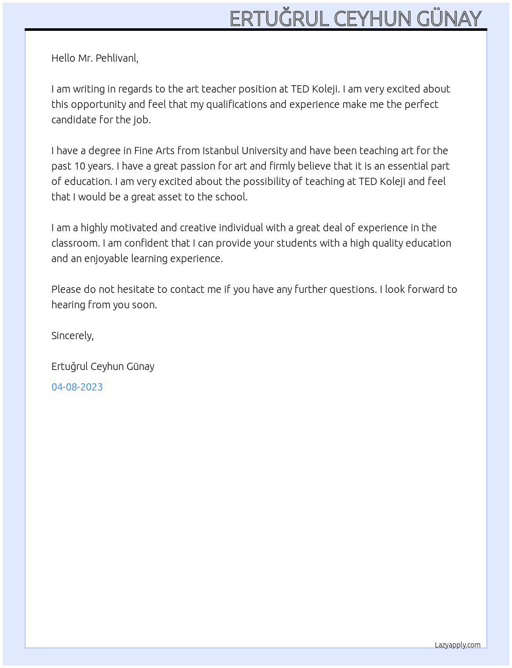Art Teacher At TED Koleji. Cover Letter
