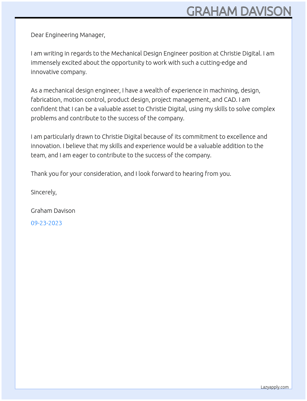 Mechanical design engineer At Christie Digital Cover Letter