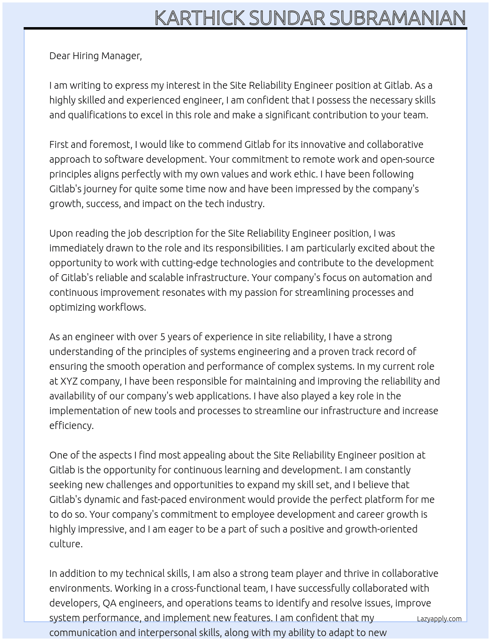 Site Reliability Engineer At Gitlab Cover Letter