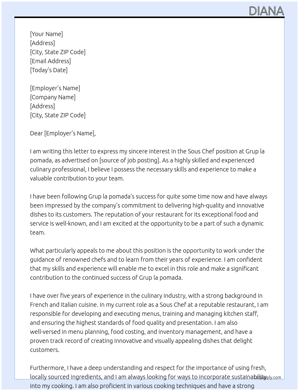 Sous Chef At Grup la pomada Cover Letter