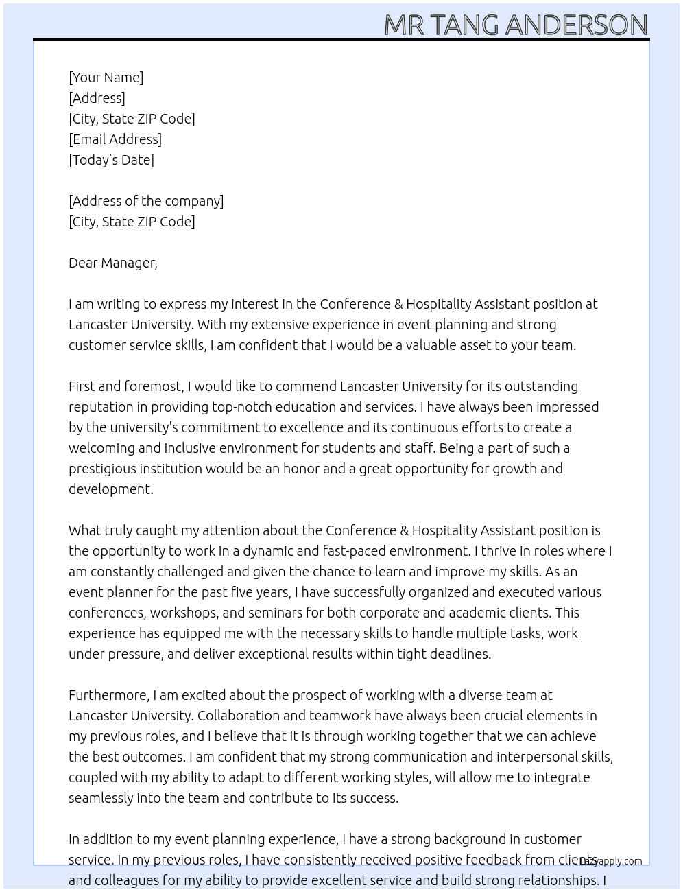 Conference & Hospitality Assistant At Lancaster university Cover Letter