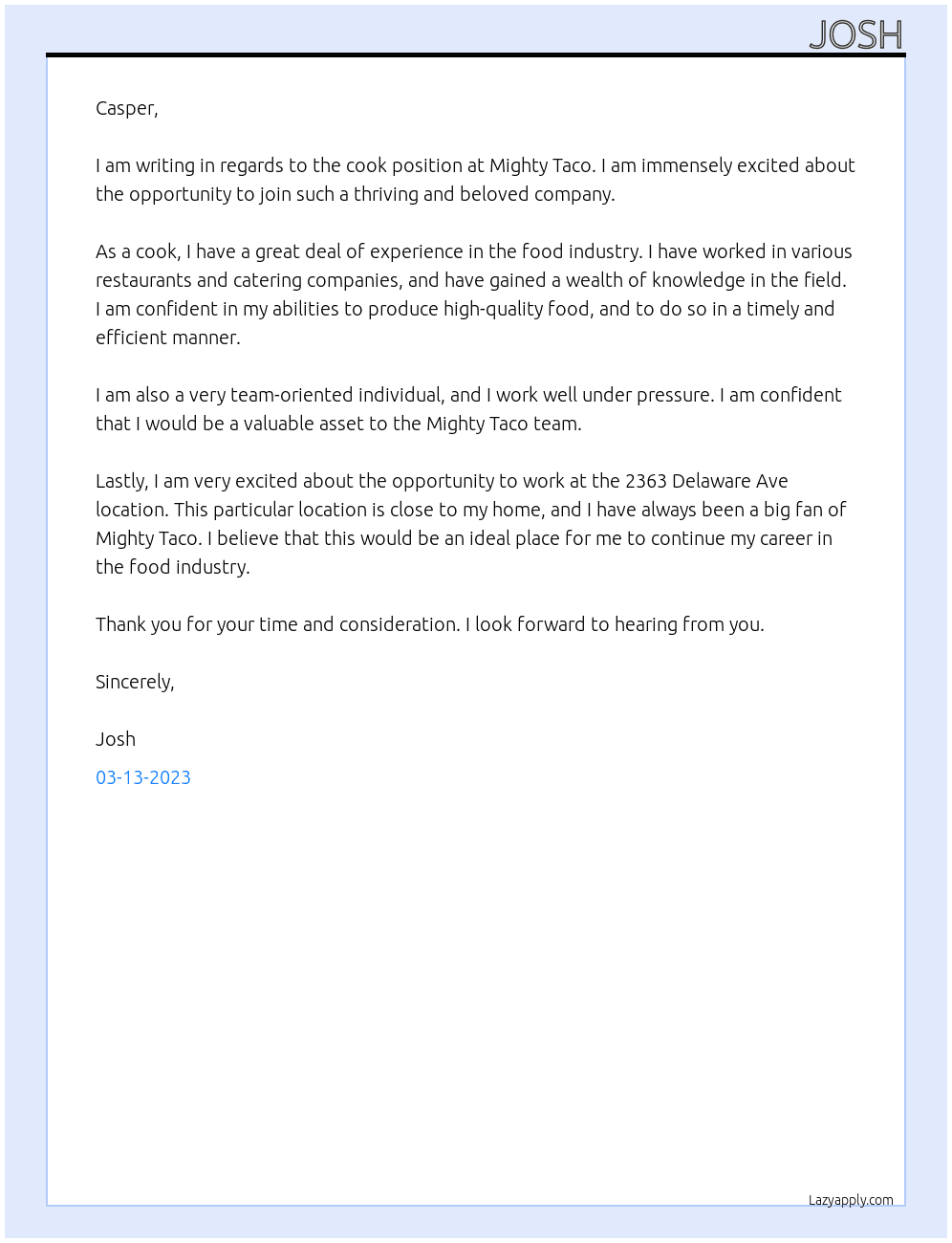 cook At mighty taco Cover Letter