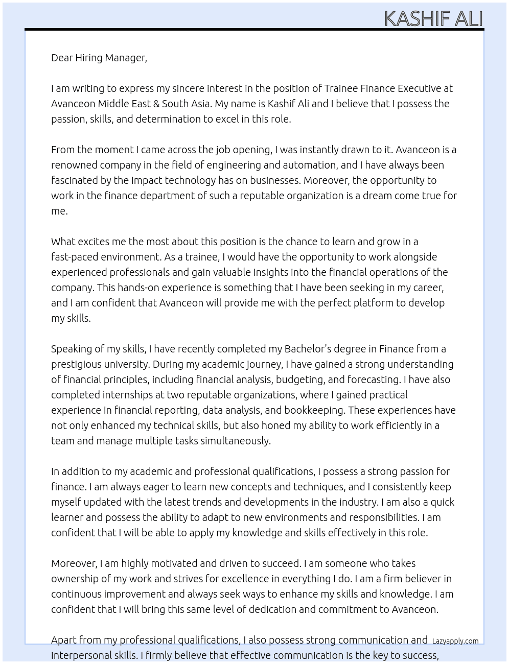 Trainee Finance executive At Avanceon Middle East & South Asia Cover Letter