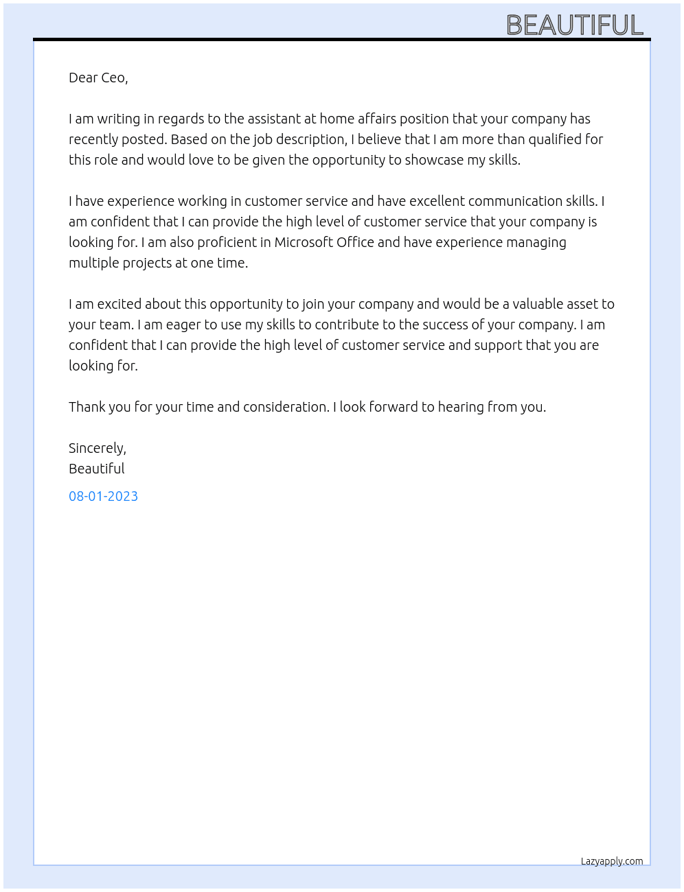 Assistant at home affairs  At Local government  Cover Letter