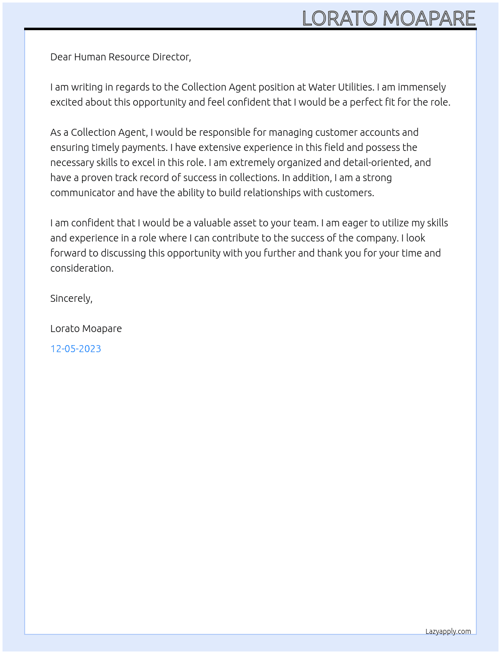 COLLECTION AGENT At Water utilities Cover Letter