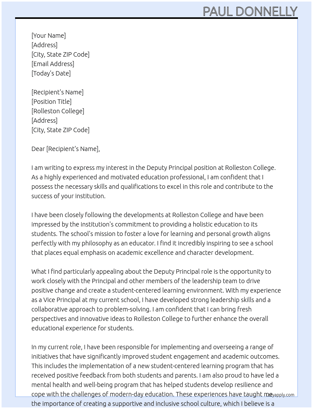 Deputy Principal At Rolleston College Cover Letter