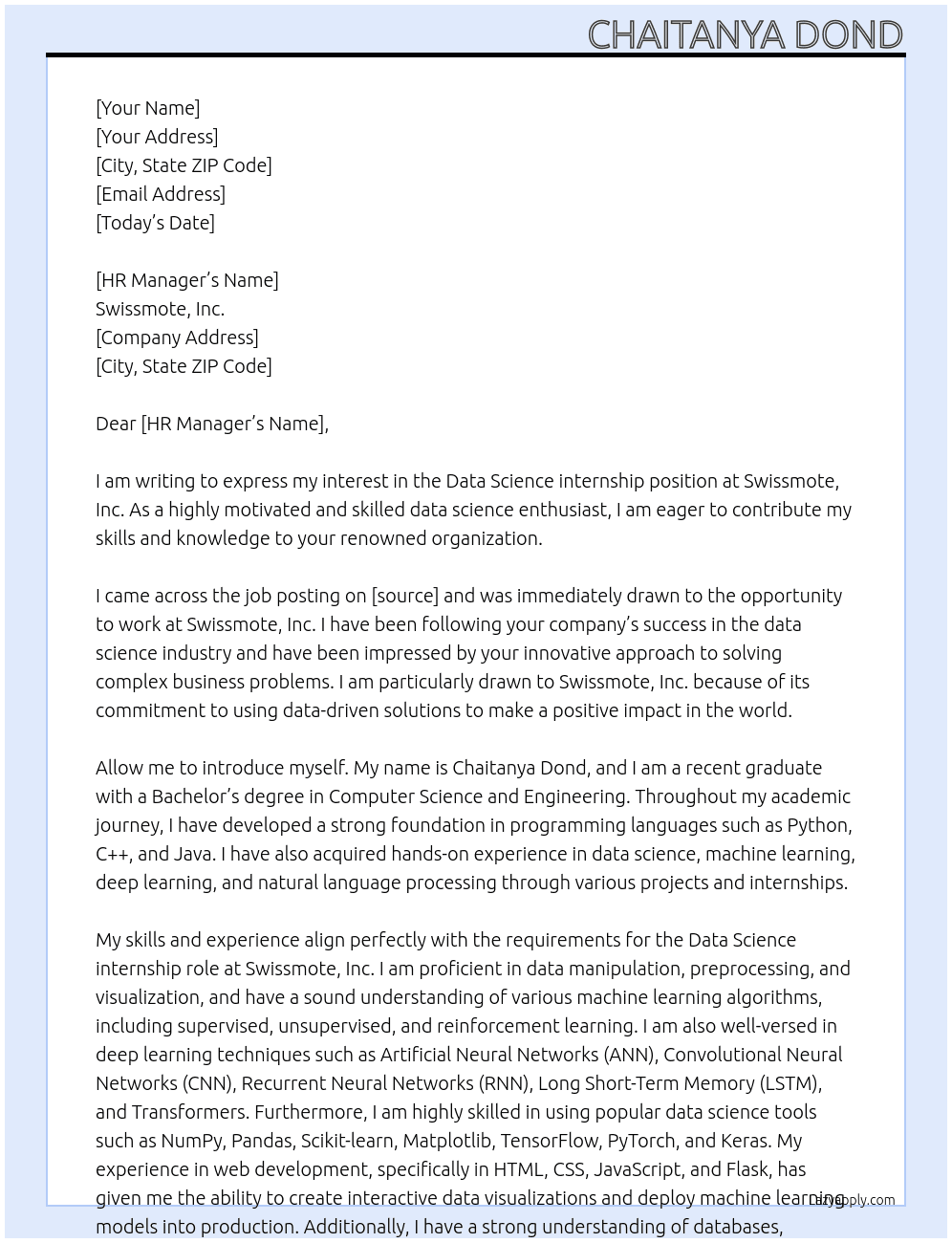  Data Science internship At Swissmote, Inc.  Cover Letter