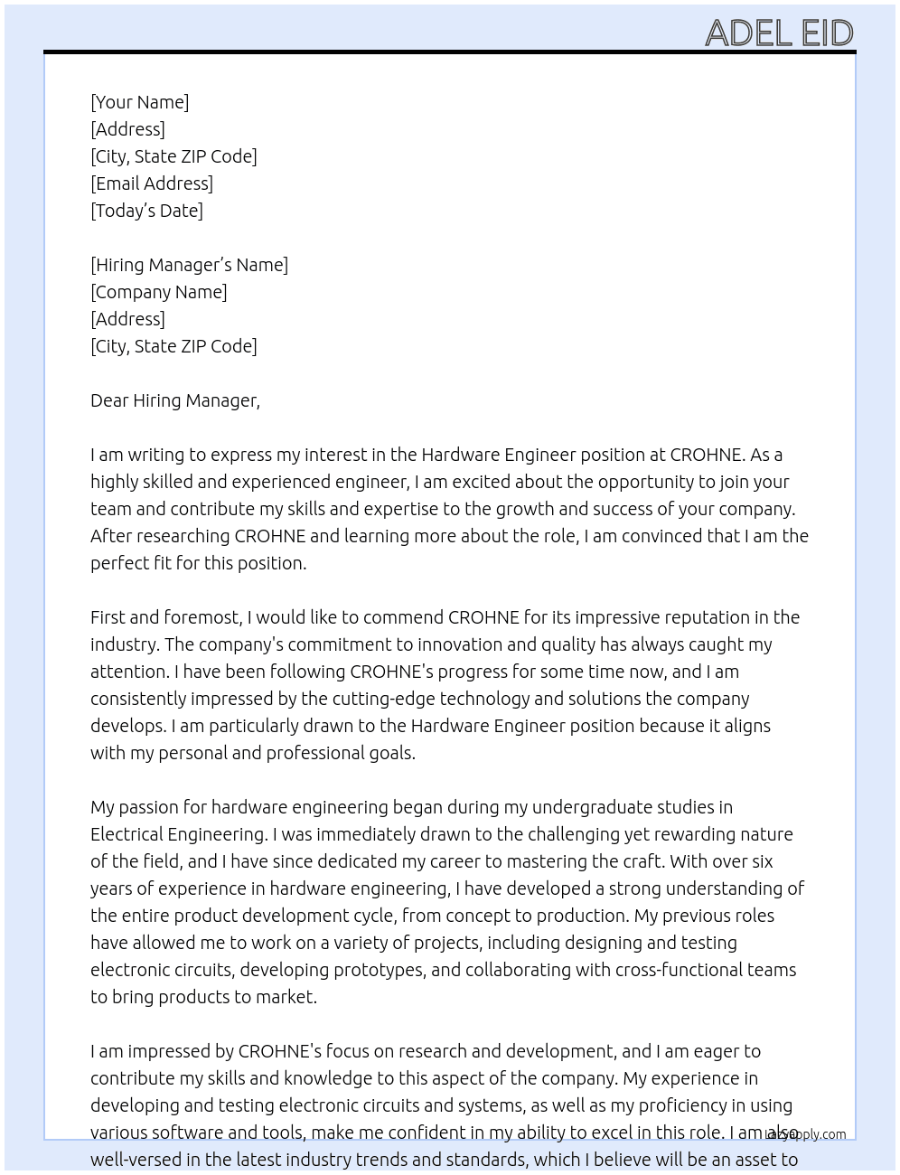 Hardware Engineer At CROHNE Cover Letter