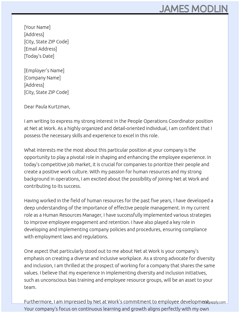 People Operations Coordinator At Net at Work Cover Letter