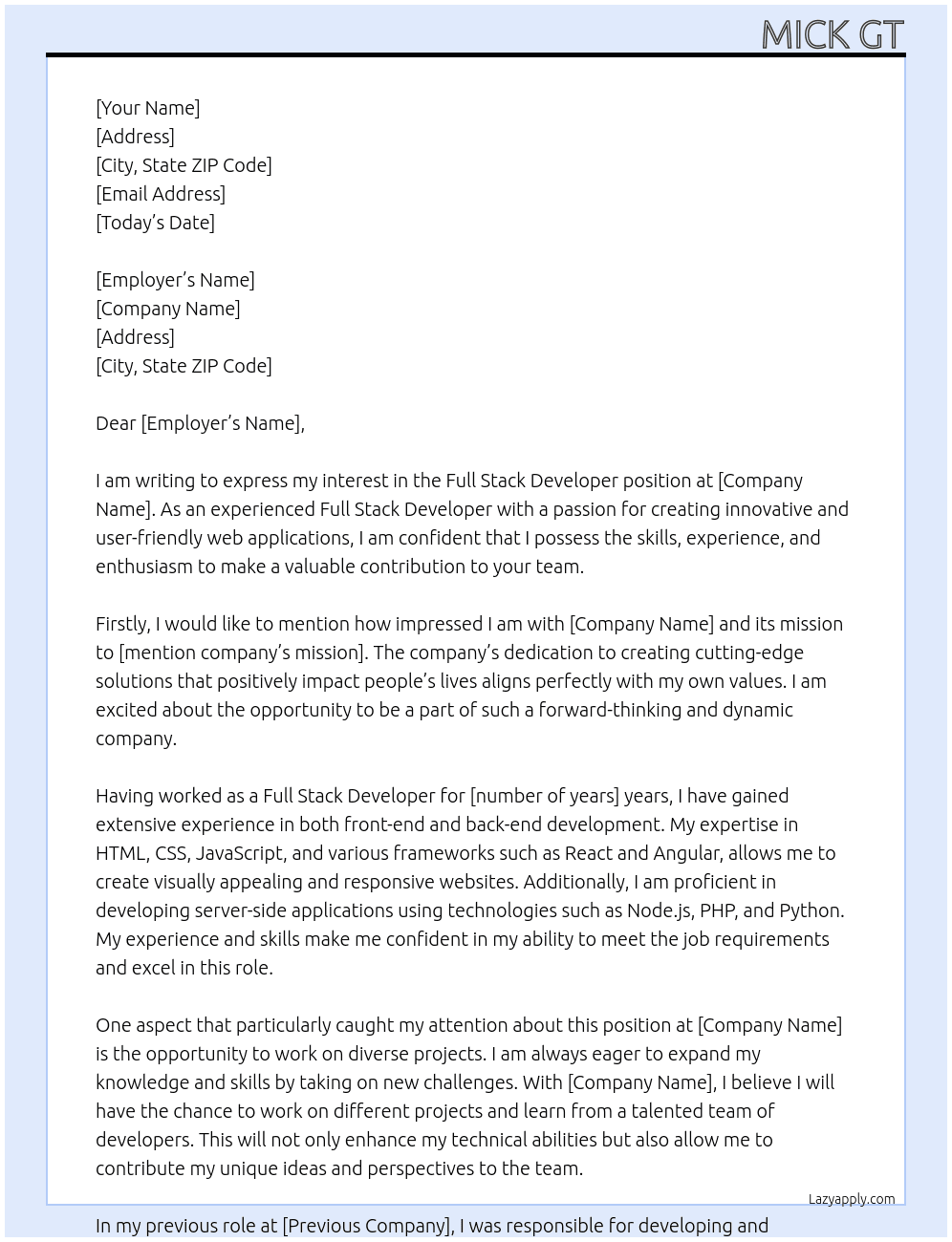 Full Stack Developer At xoxox Cover Letter