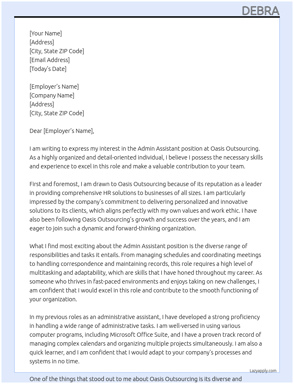 Admin Assistant At Oasis Outsourcing Cover Letter