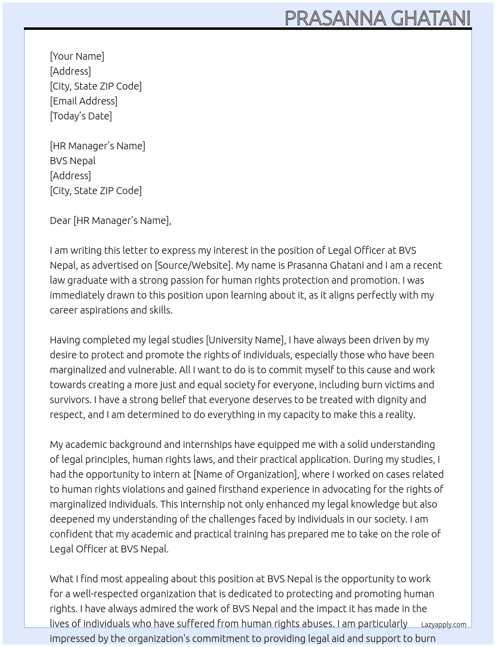 Legal Officer  At BVS Nepal Cover Letter