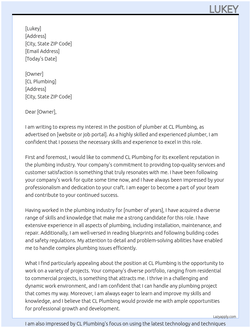 plumber At CL plumbing Cover Letter