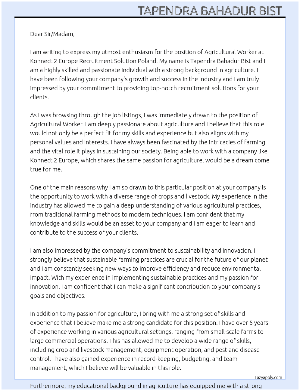 Cover letter for agricultural worker - LazyApply