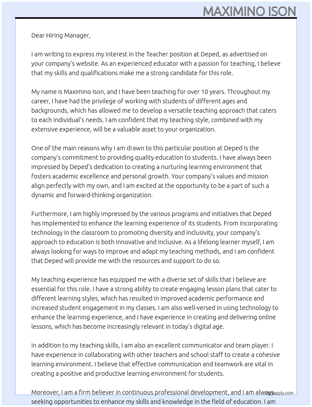 Teacher At Deped Cover Letter