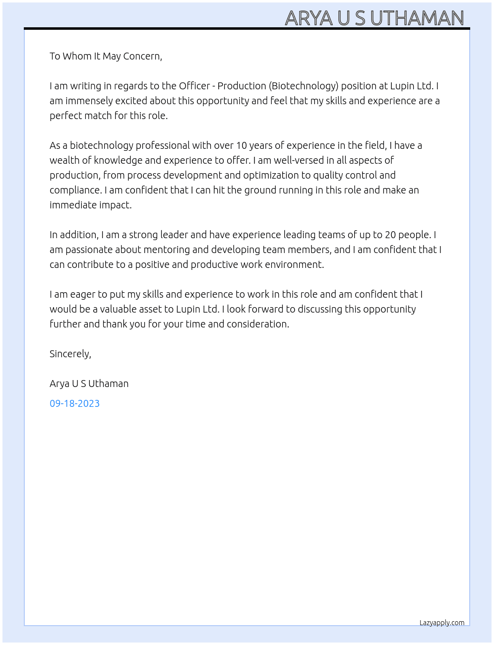 Officer - Production (Biotechnology) At Lupin Ltd. Cover Letter