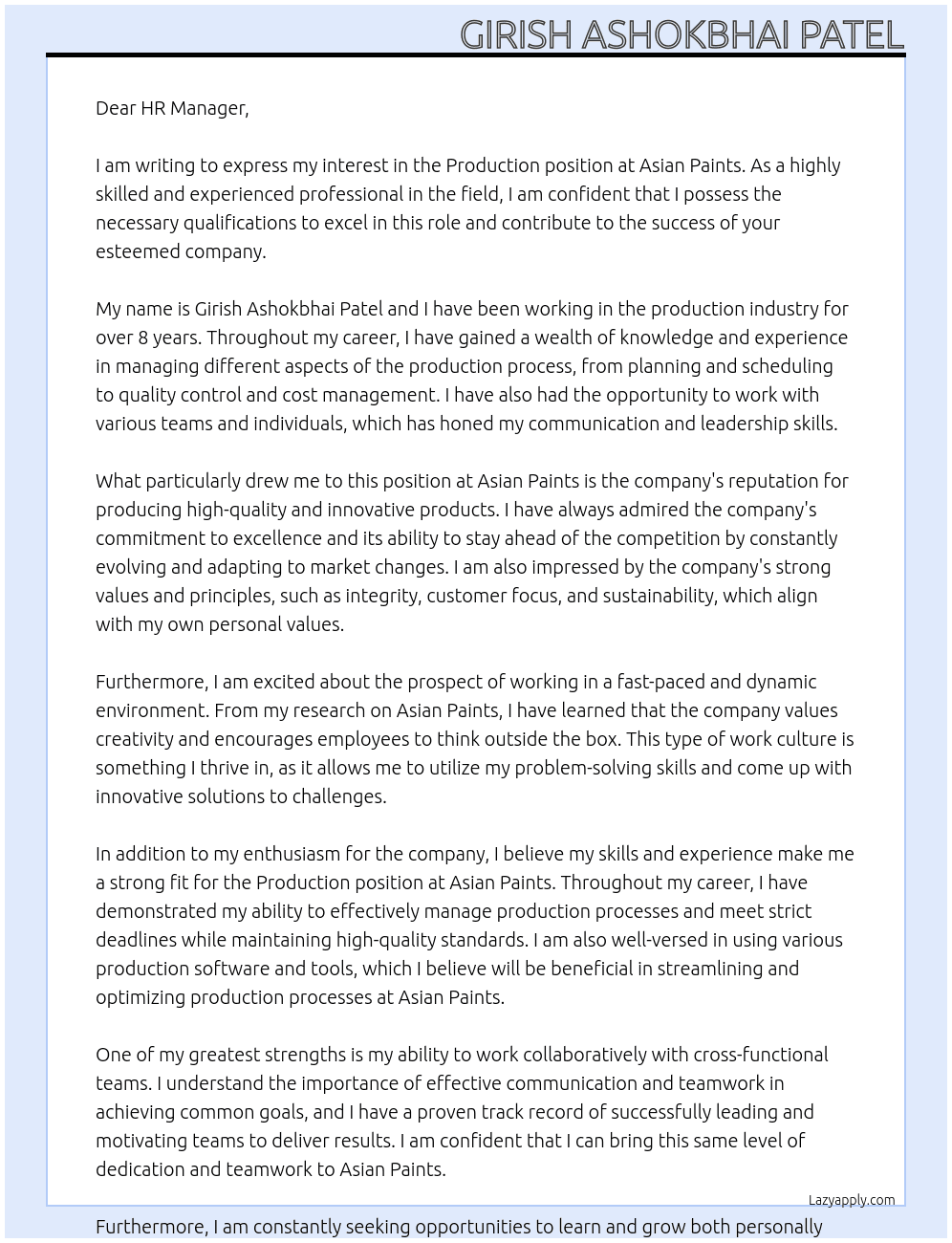production At Asian Paints Cover Letter