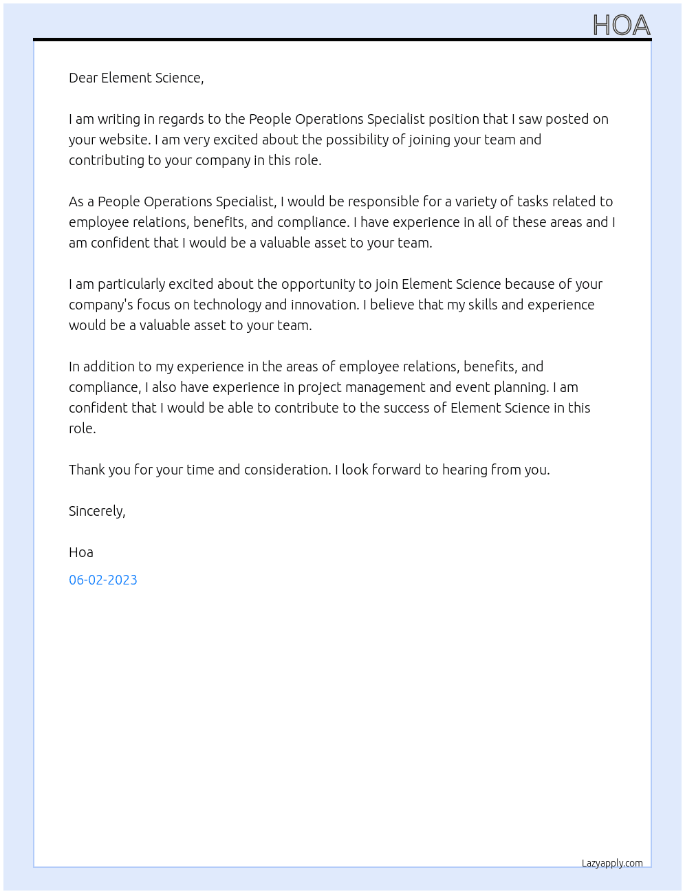 People Operations Specialist  At Element Science Cover Letter