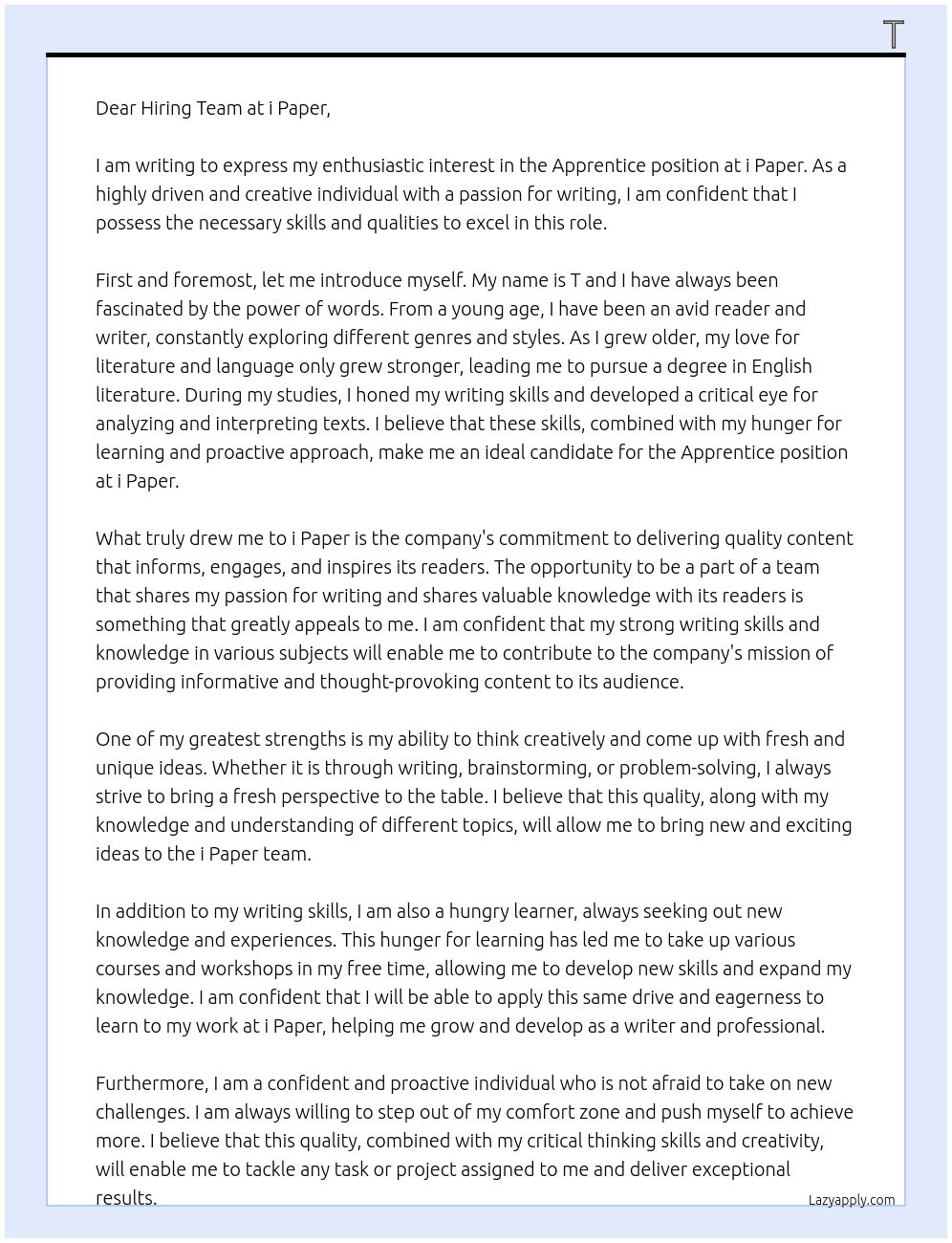 Apprentice At i Paper Cover Letter