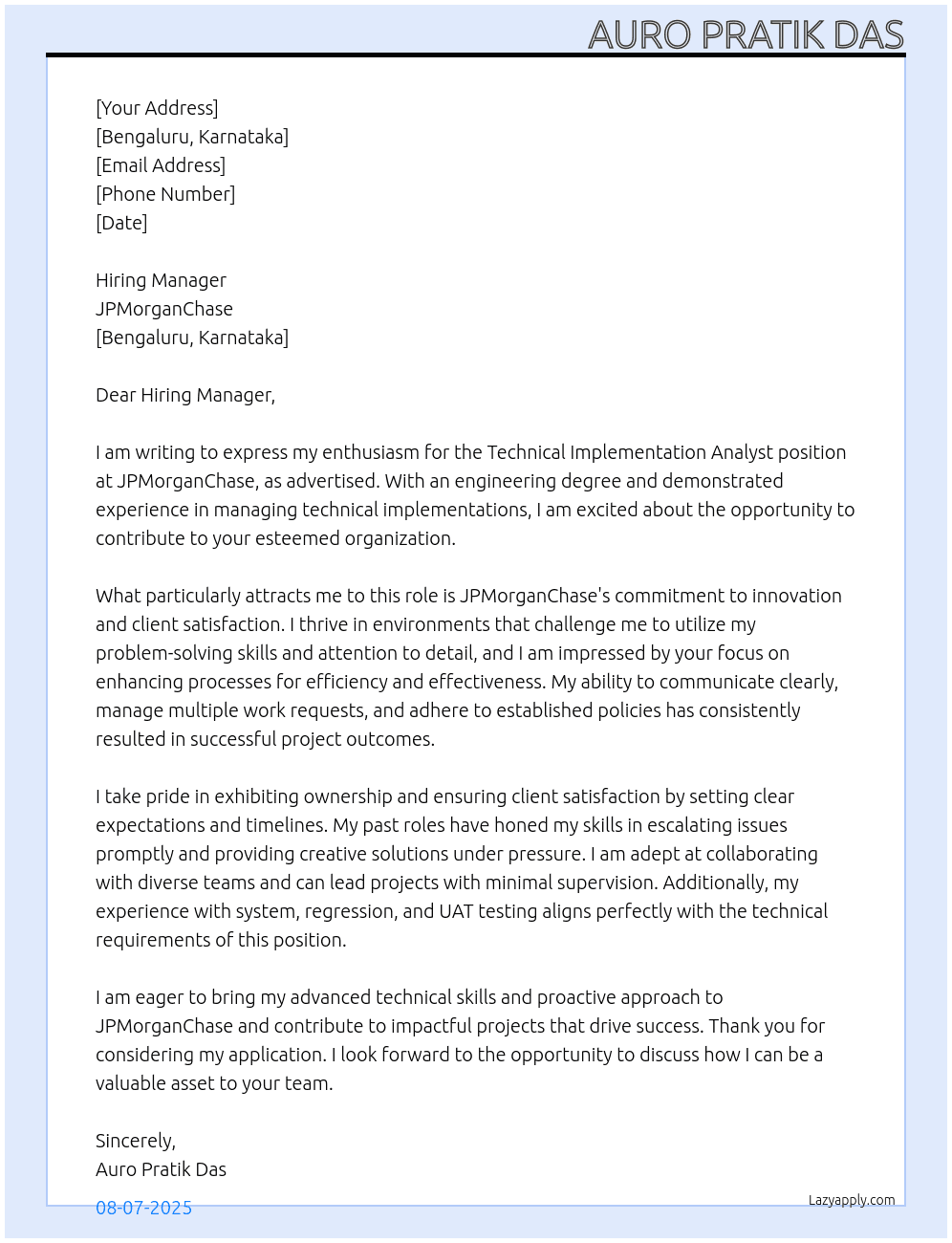 Technical Implementation Analyst At JPMorganChase Cover Letter