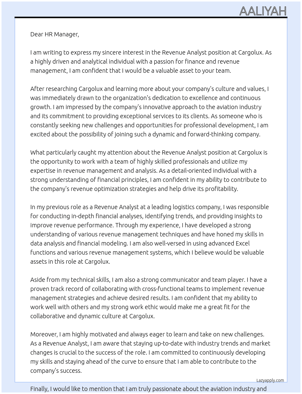 Revenue Analyst  At Cargolux Cover Letter