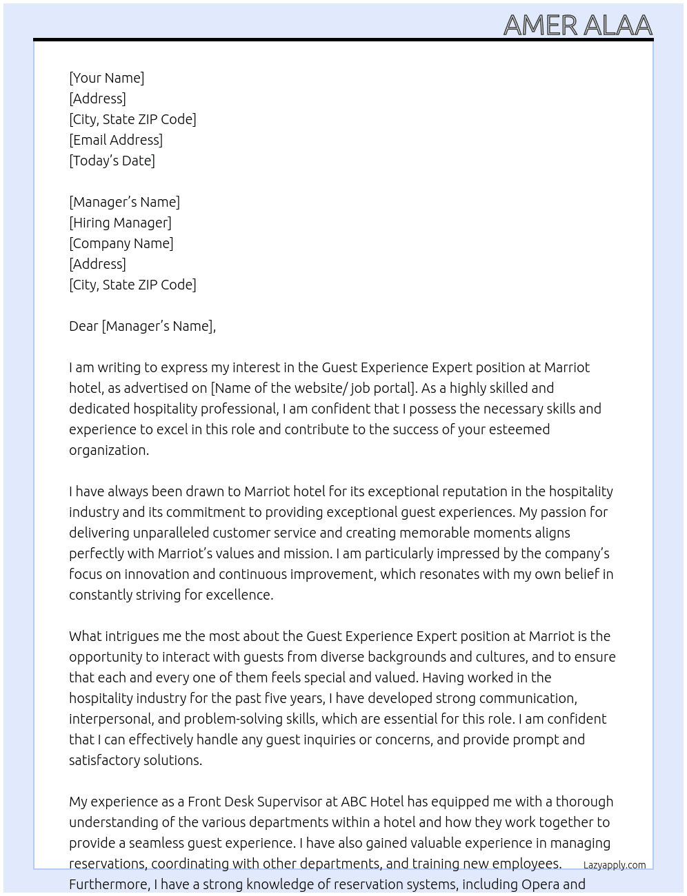 Guest experience expert At Marriot hotel Cover Letter