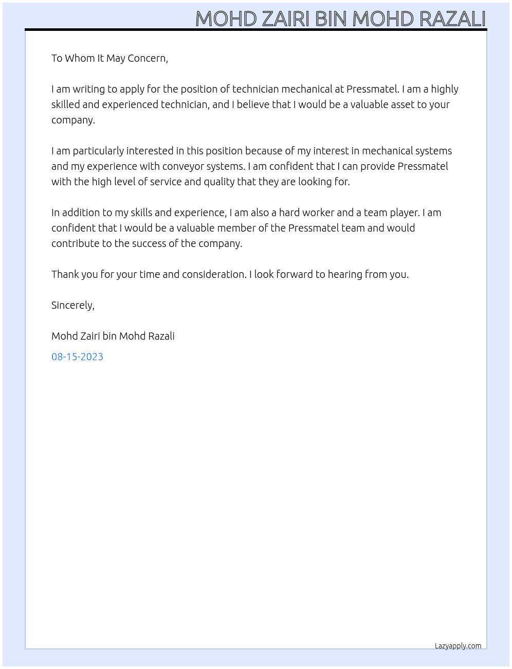 technician mechanical At pressmatel Cover Letter