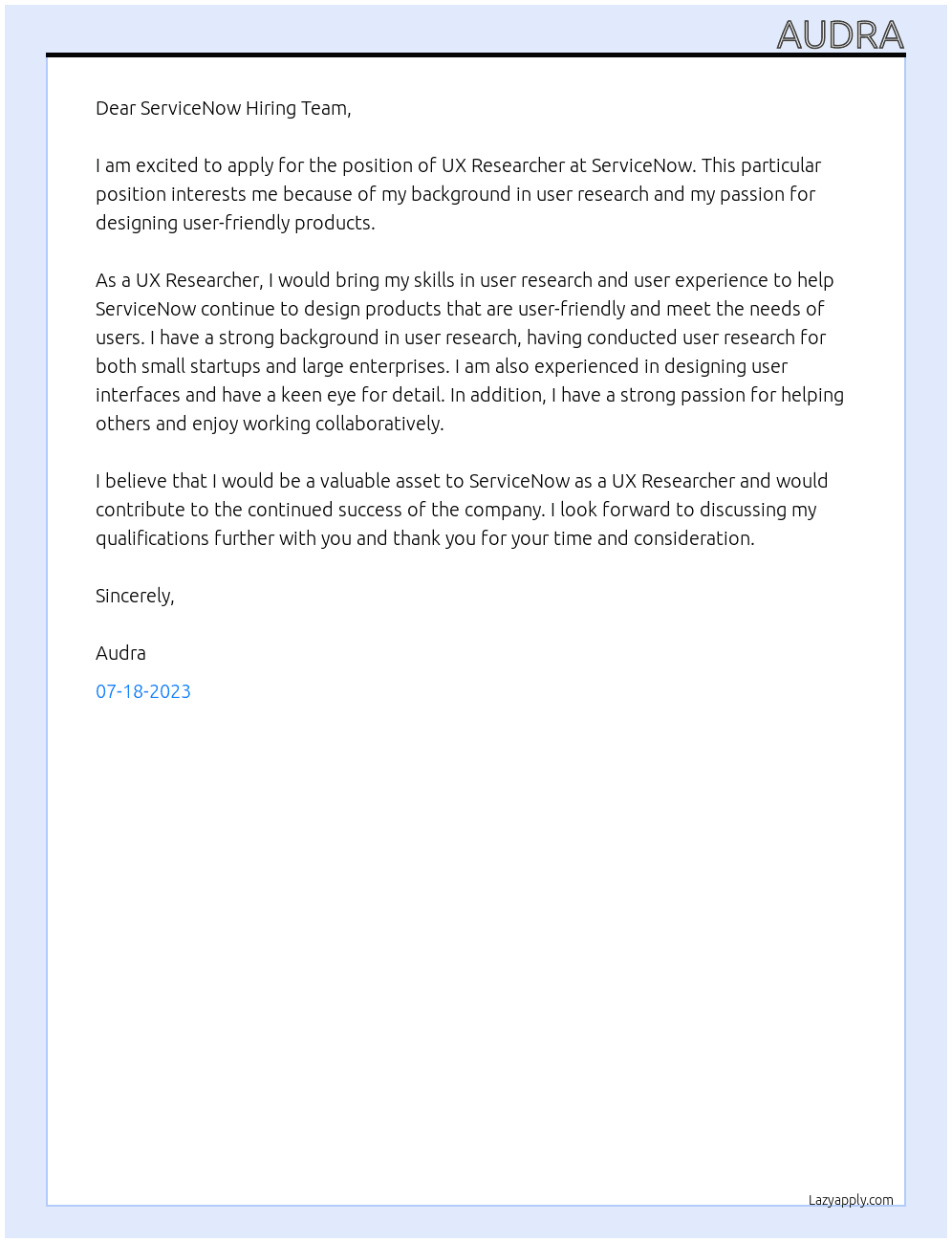 UX Researcher At ServiceNow Cover Letter