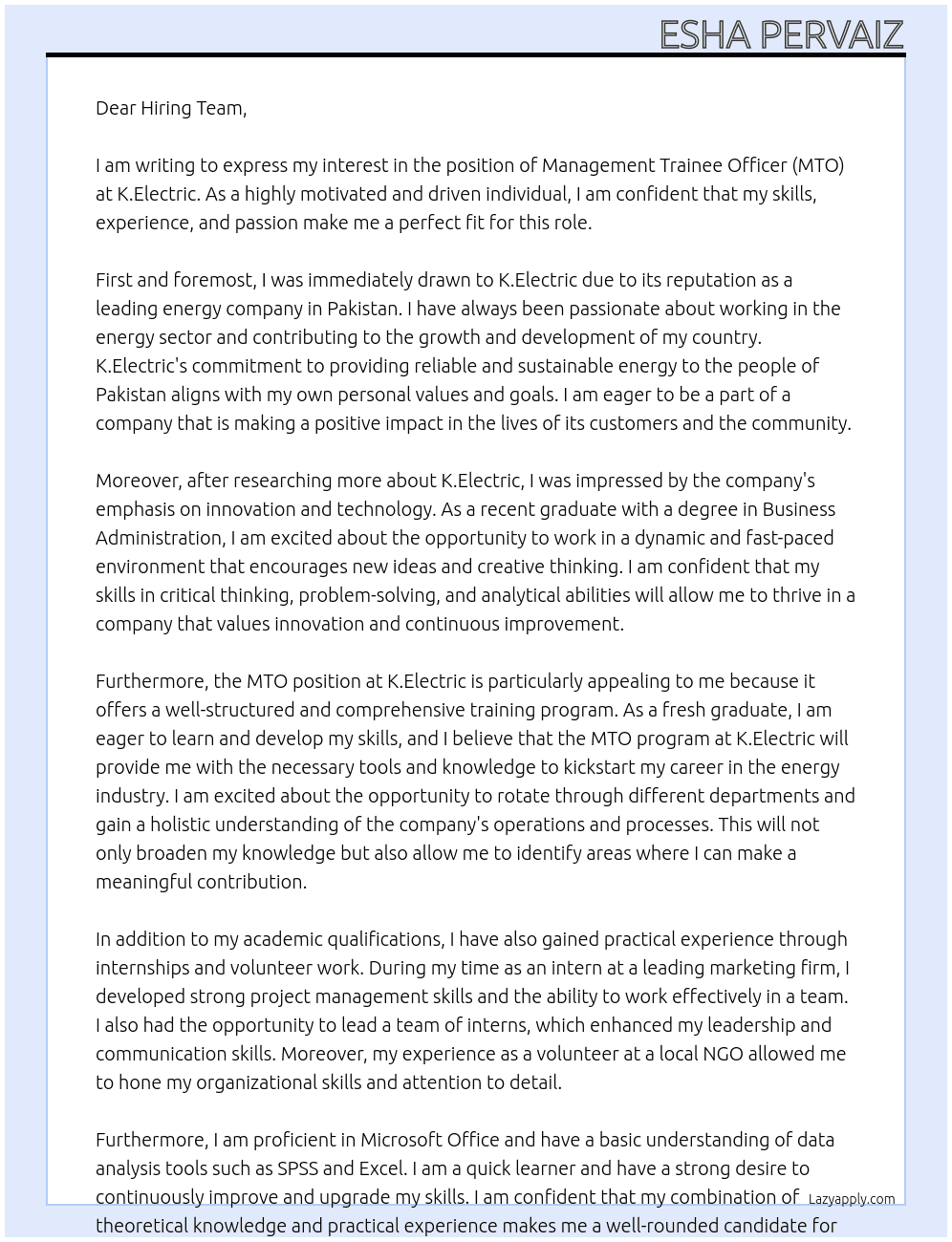 MTO  At K.Electric Cover Letter