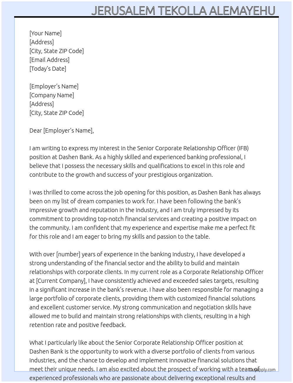 Senior corporate relationship officer IFB At Dashen Bank  Cover Letter