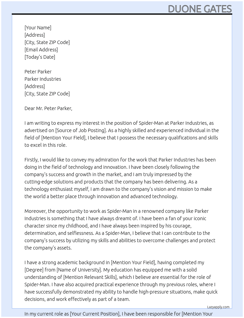 Spider-Man At Parker Industries Cover Letter