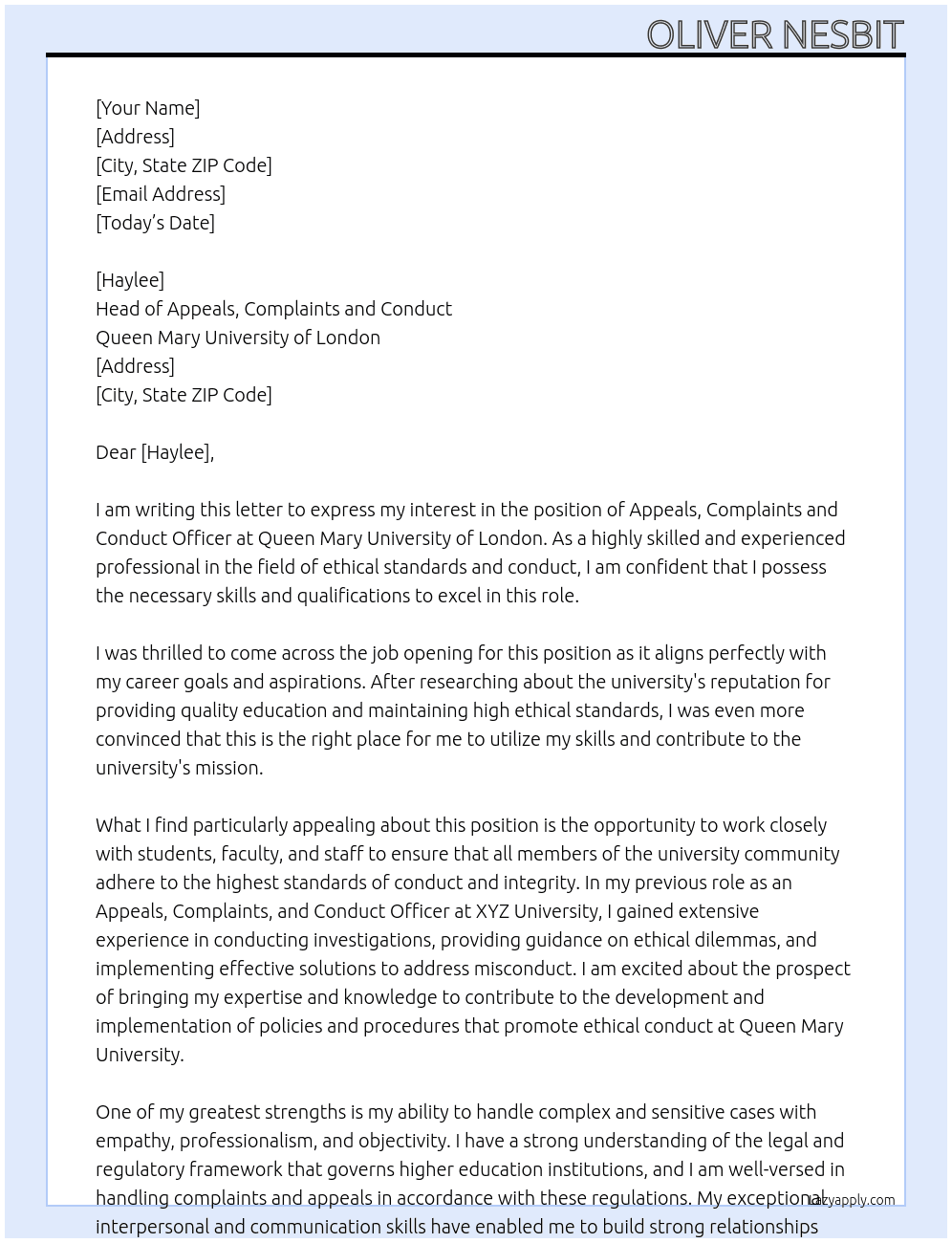 Appeals, Complaints and Conduct Officer At Queen Mary University of London Cover Letter