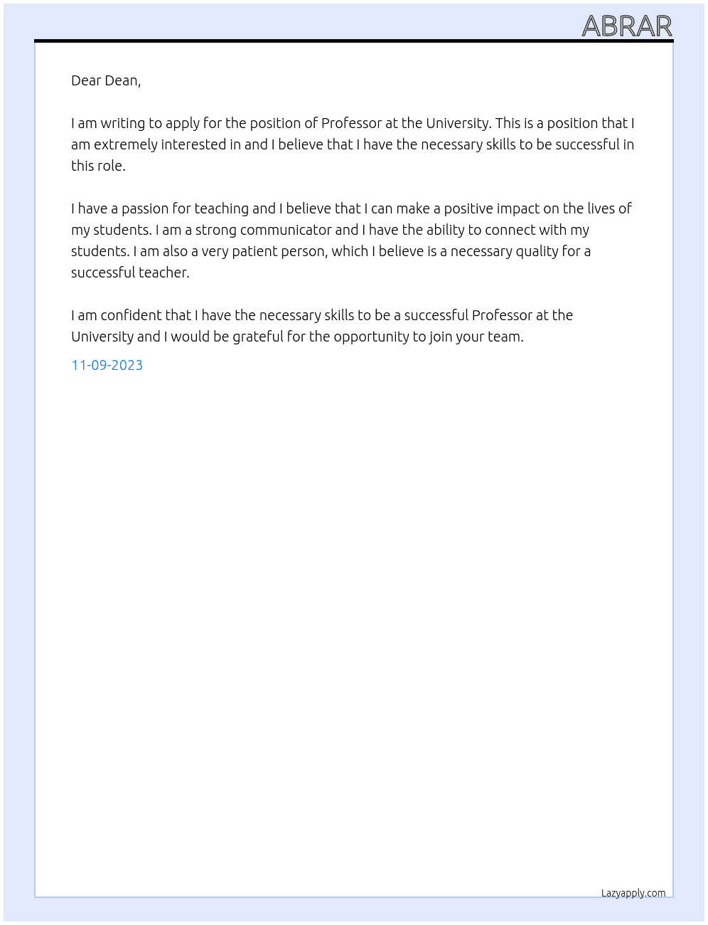 Professor  At University  Cover Letter
