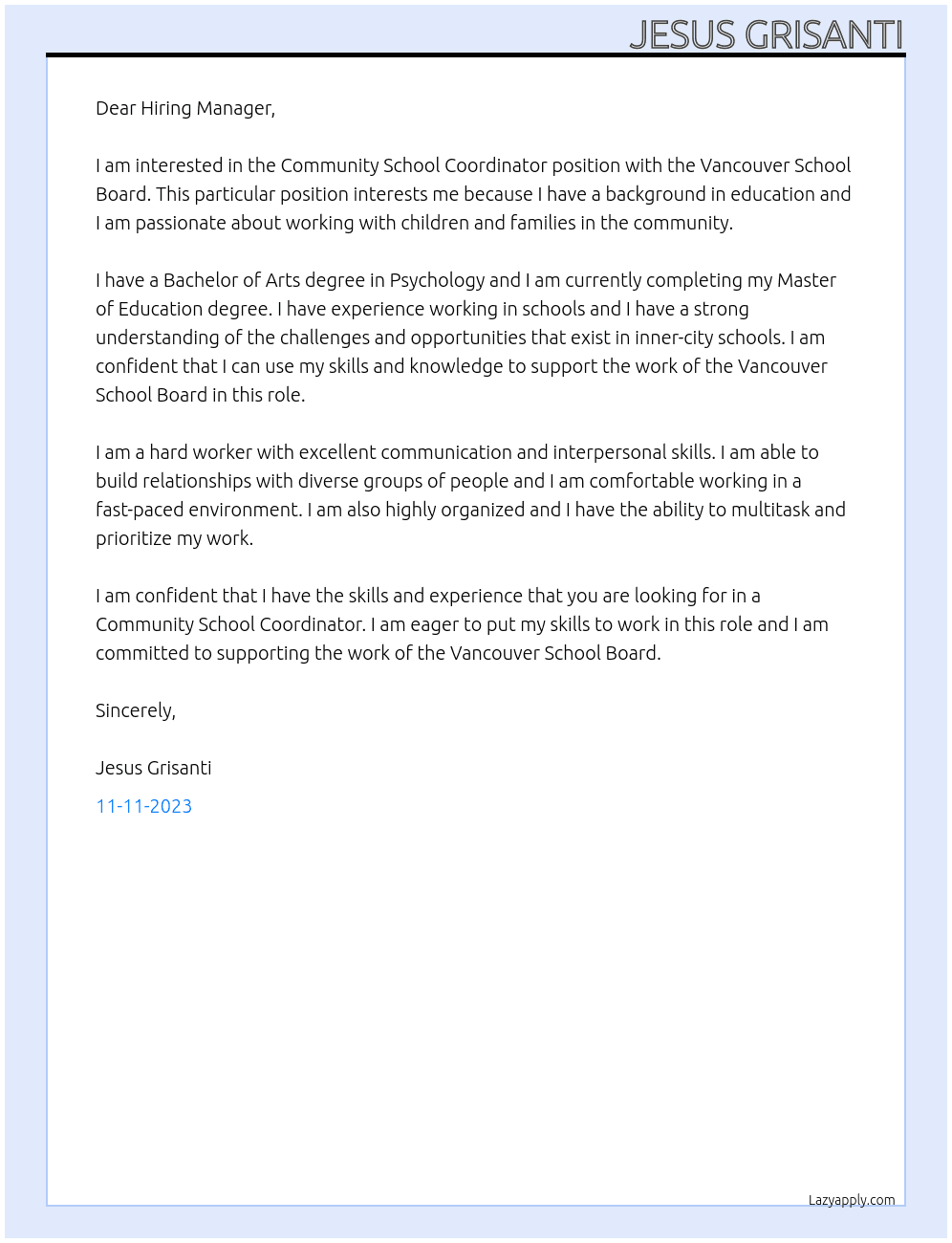 Community School Coordinator At Vancouver School Board Cover Letter