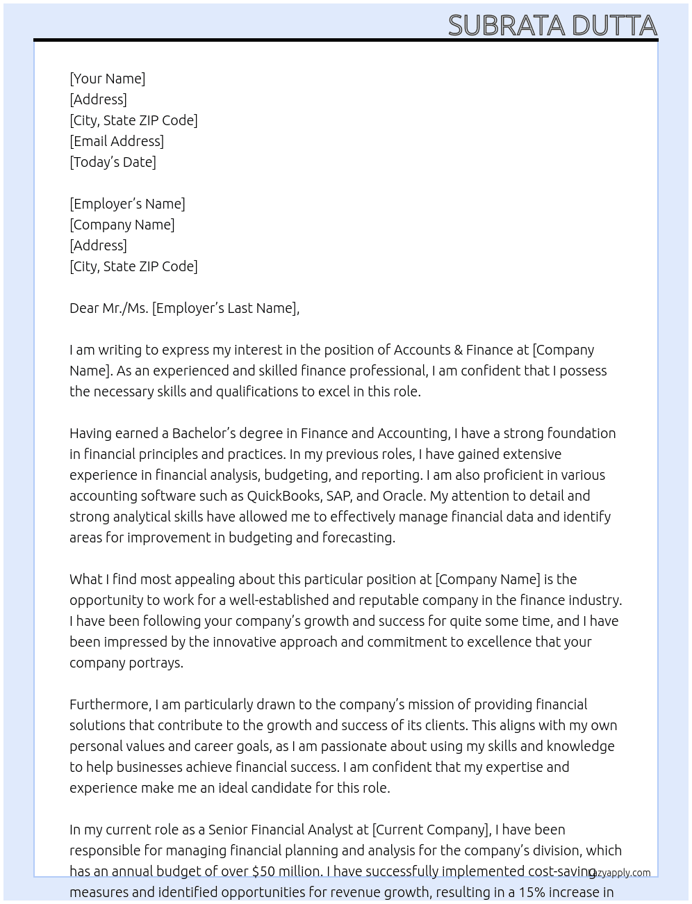 Accounts & Finance At SUBRATA DUTTA Cover Letter