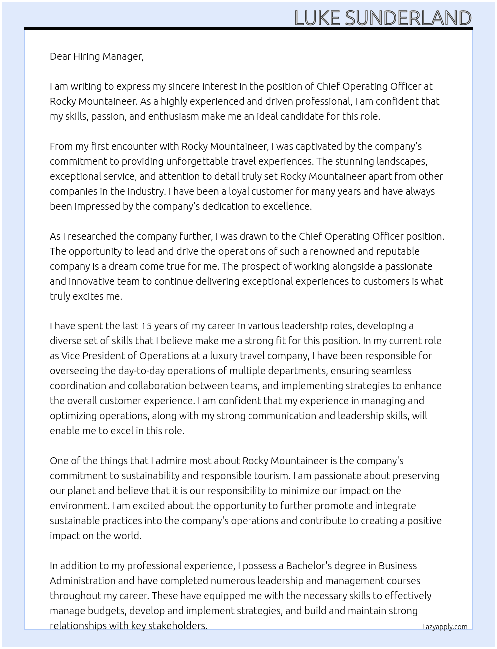Chief Operating Officer At Rocky Mountaineer Cover Letter
