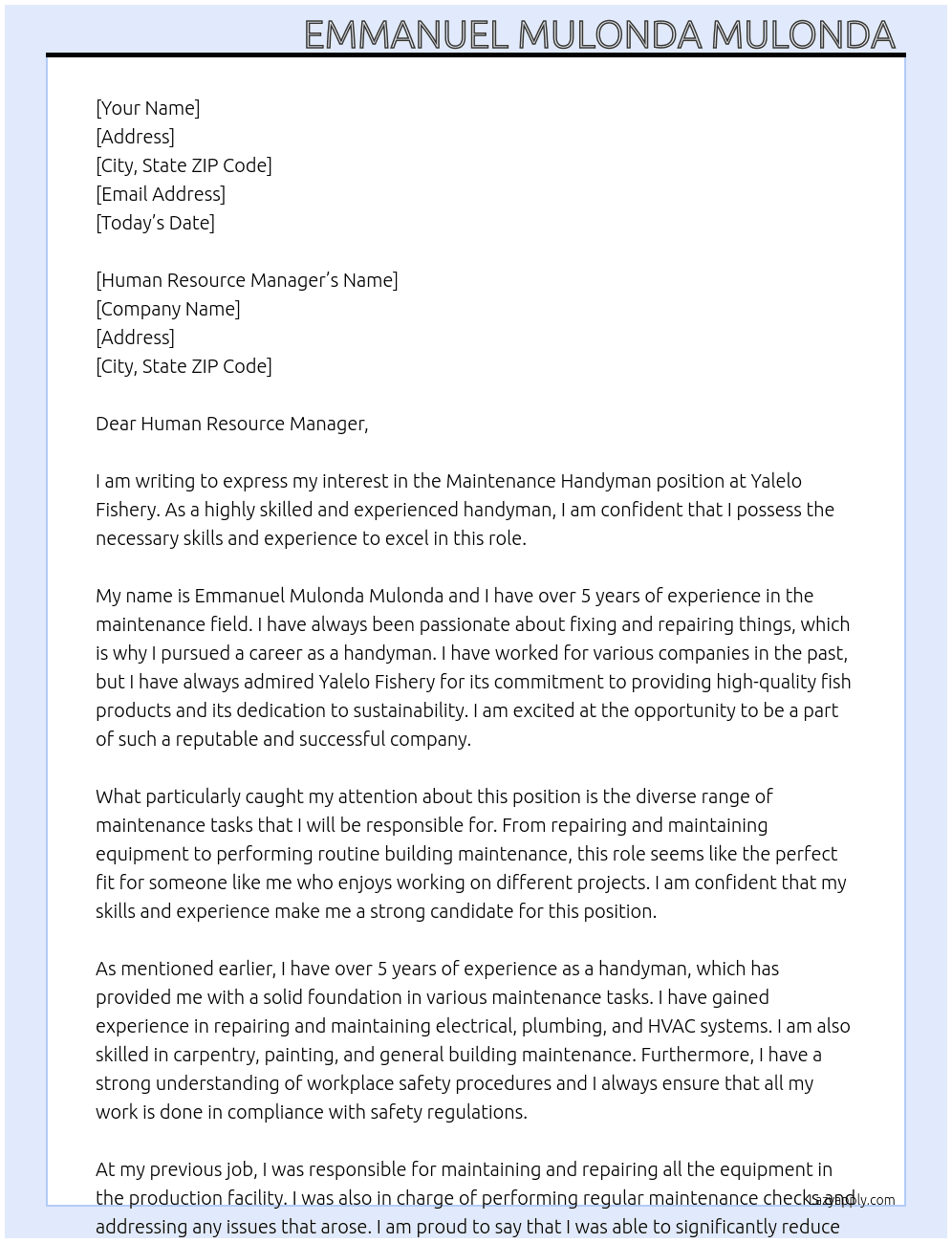 MAINTENANCE HANDYMAN At Yalelo fishery Cover Letter