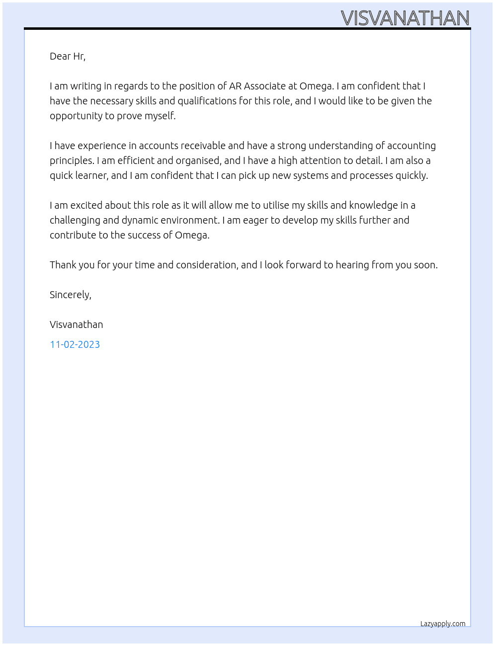 AR Associate At Omega Cover Letter