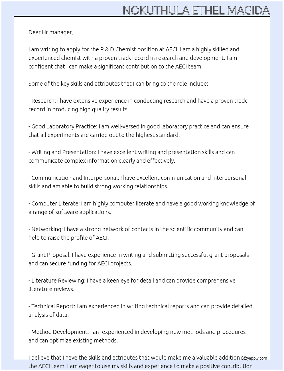 R & D Chemist At AECI Cover Letter