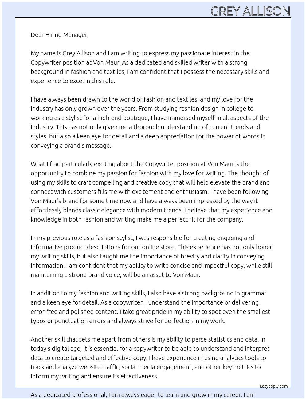 Copywriter At Von Maur Cover Letter