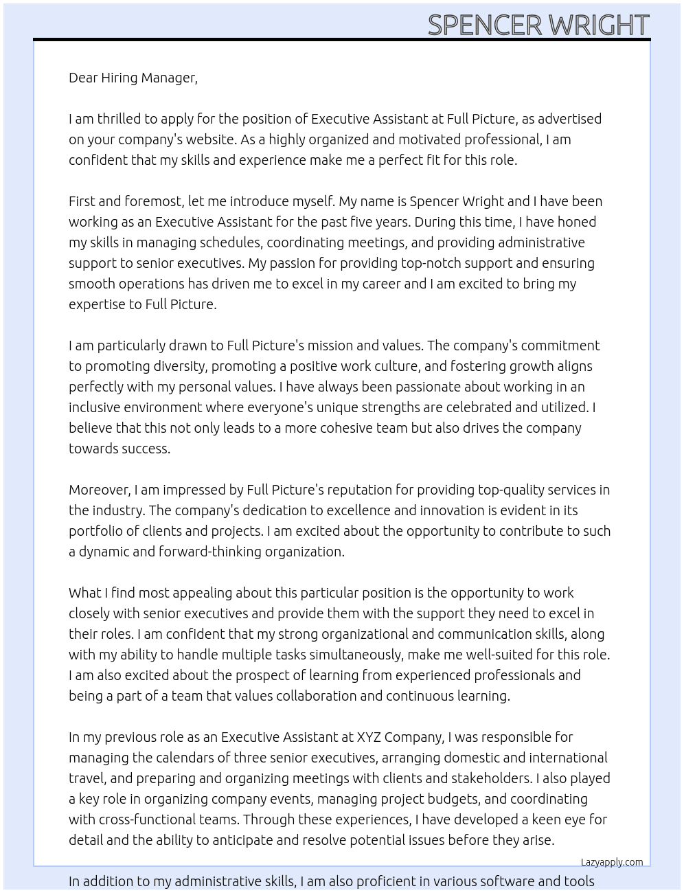 Executive Assistant At Full Picture Cover Letter