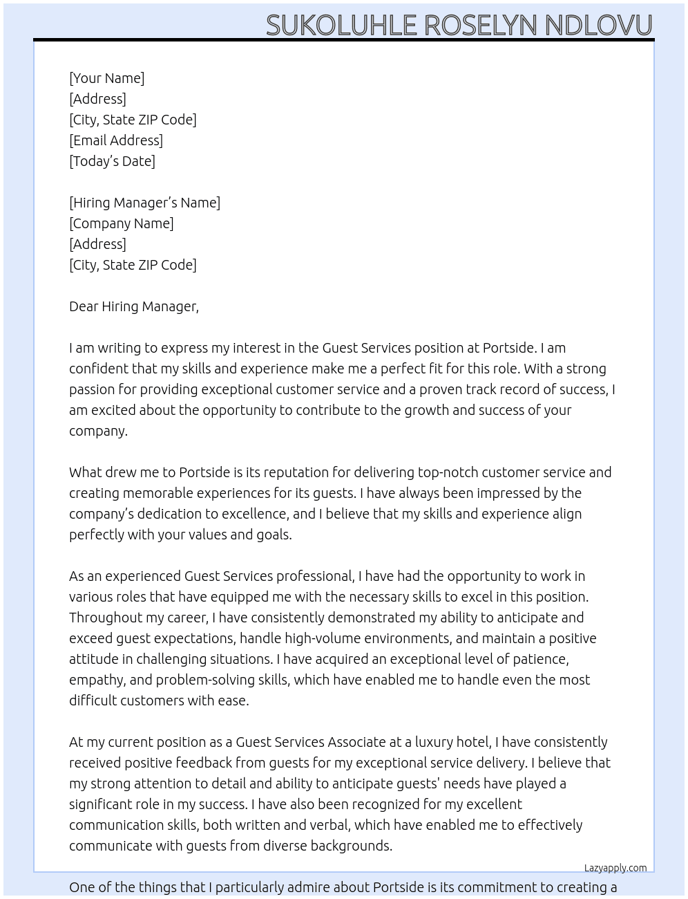 Guest Services  At Portside Cover Letter