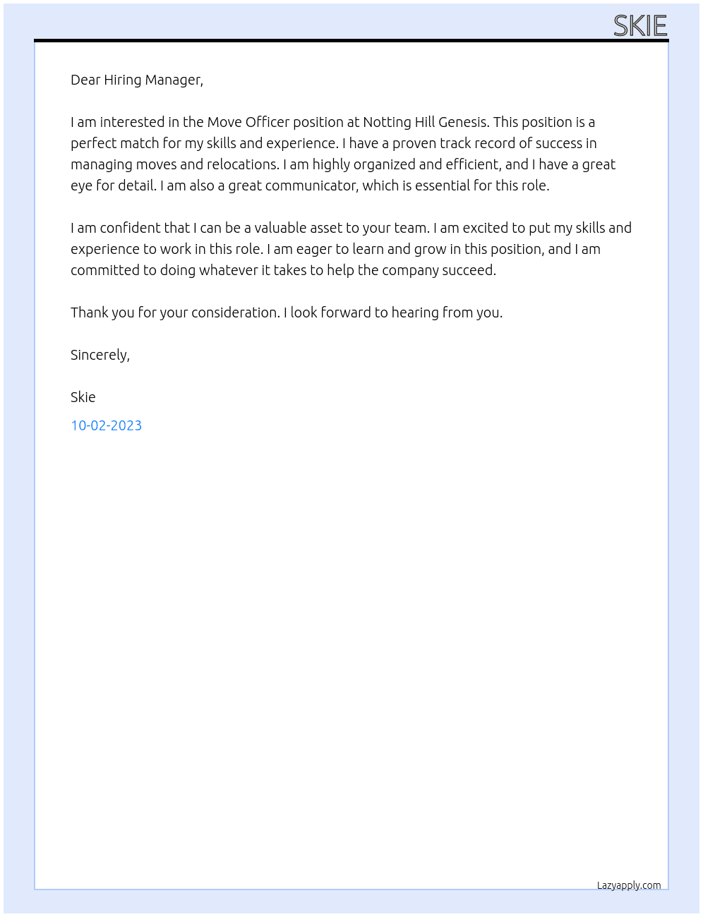 Moves Ofiicer At Notting Hill Genesis Cover Letter